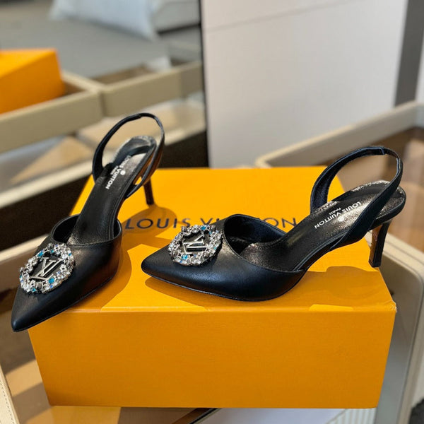 SLINGBACK TACCO ALTO 75 MM IN VITELLO NERO CON CRISTALLO