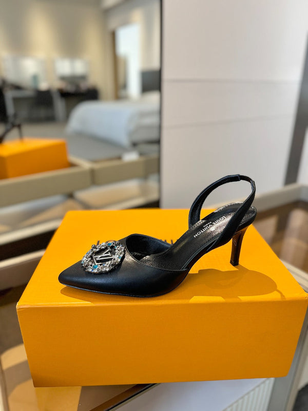 SLINGBACK TACCO ALTO 75 MM IN VITELLO NERO CON CRISTALLO