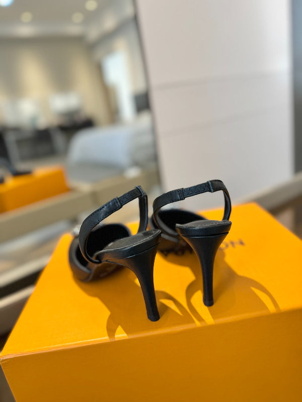 SLINGBACK TACCO ALTO 75 MM IN VITELLO NERO CON CRISTALLO