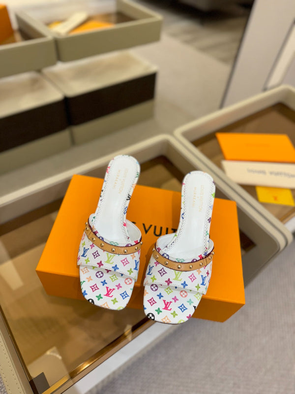 LV x TM 6AM Mule 4cm Tela rivestita Monogram bianca e multicolore 241211