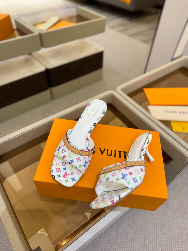 LV x TM 6AM Mule 4cm Tela rivestita Monogram bianca e multicolore 241211