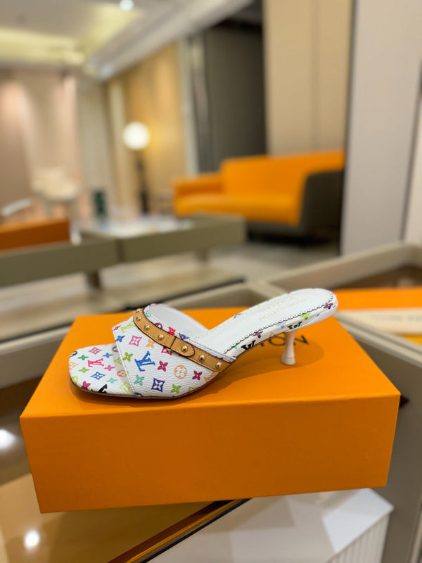 LV x TM 6AM Mule 4cm Tela rivestita Monogram bianca e multicolore 241211