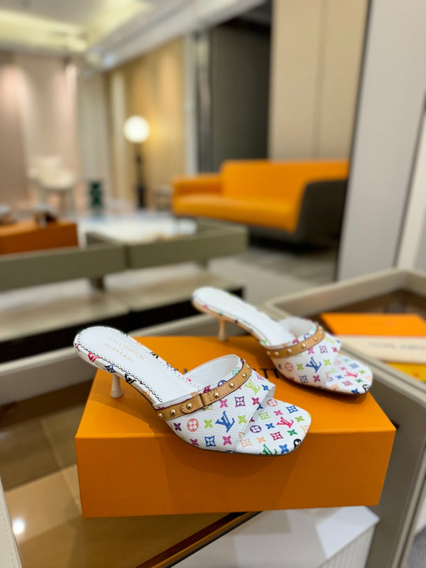 LV x TM 6AM Mule 4cm Tela rivestita Monogram bianca e multicolore 241211