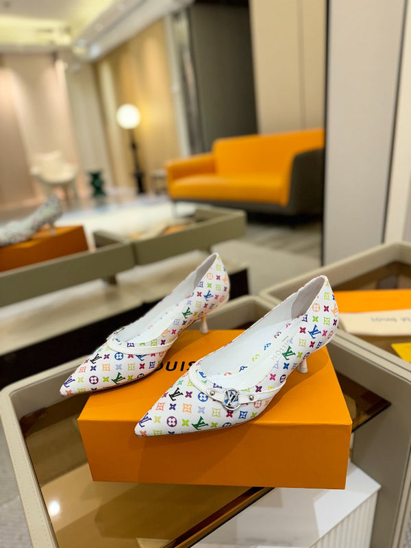 6AM 4cm Scarpe con tacco in tela monogramma bianca e pelle verniciata 241193