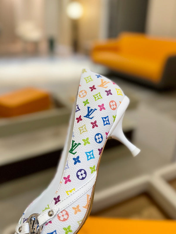 6AM 4cm Scarpe con tacco in tela monogramma bianca e pelle verniciata 241193