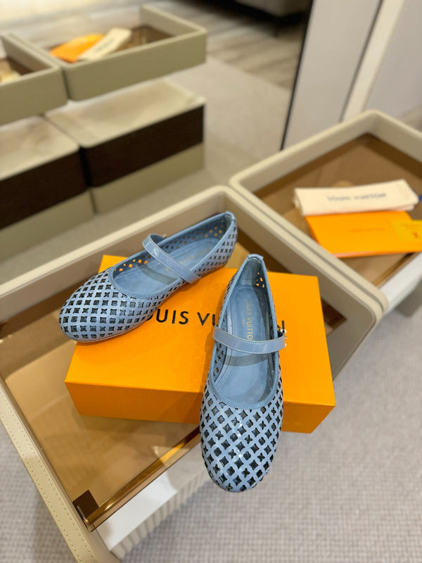 Romy Flat Ballerina Light Blue Perforated Patent Calf Leather 241229