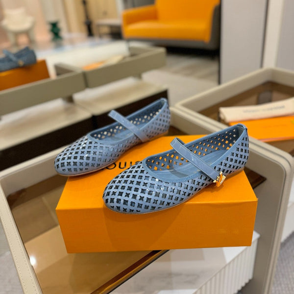 Romy Flat Ballerina Light Blue Perforated Patent Calf Leather 241229