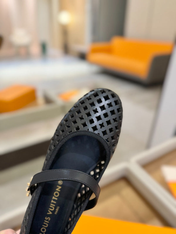 Romy Flat Ballerina Black Perforated Patent Calf Leather 241231