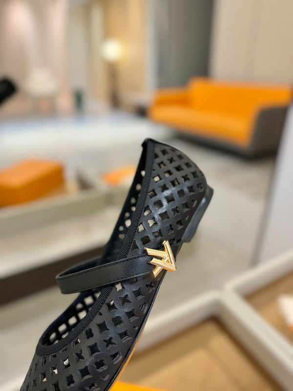 Romy Flat Ballerina Black Perforated Patent Calf Leather 241231