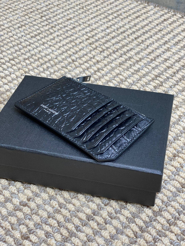 YSL Zip Card Case Black Croc Embossed Leather