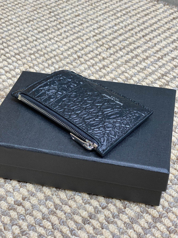 YSL Zip Card Case Black Croc Embossed Leather