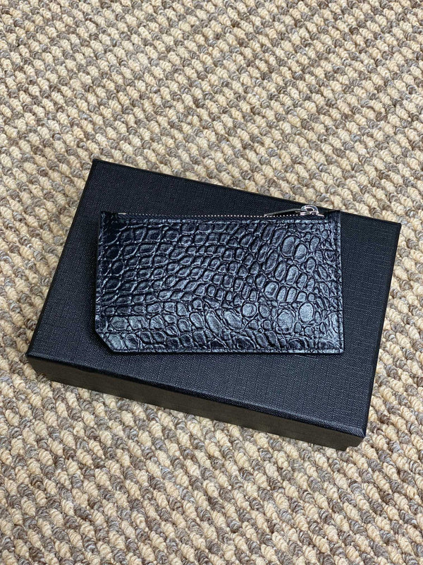 YSL Zip Card Case Black Croc Embossed Leather