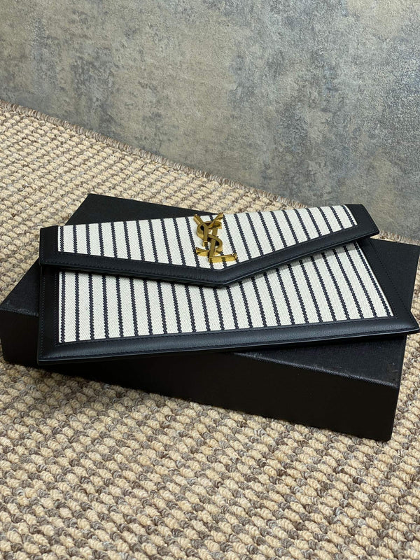 YSL 22s Uptown Pouch Clutch Bag Black White Canvas GHW