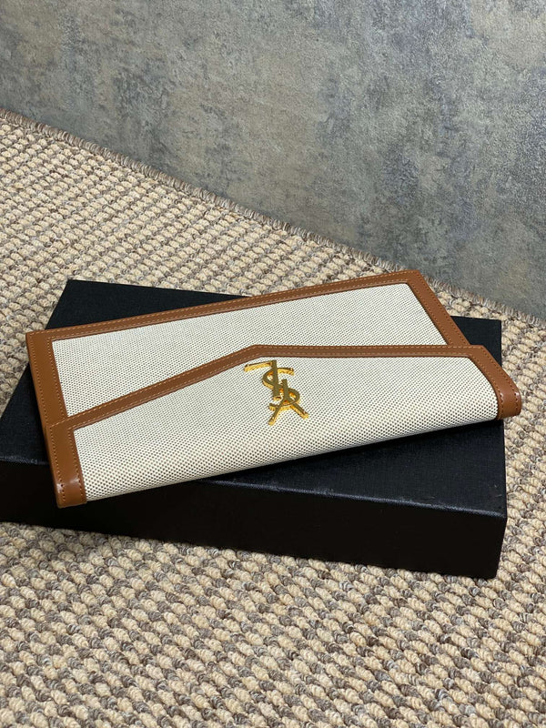 YSL 22s Uptown Pouch Clutch Bag Beige Brown Canvas GHW