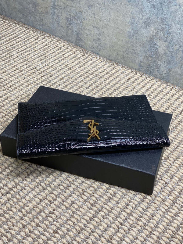 YSL 22s Uptown Pouch Clutch Bag Black Croc Embossed Leather GHW