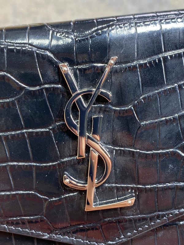 YSL 22s Uptown Pouch Clutch Bag Black Croc Embossed Leather Sliver HW