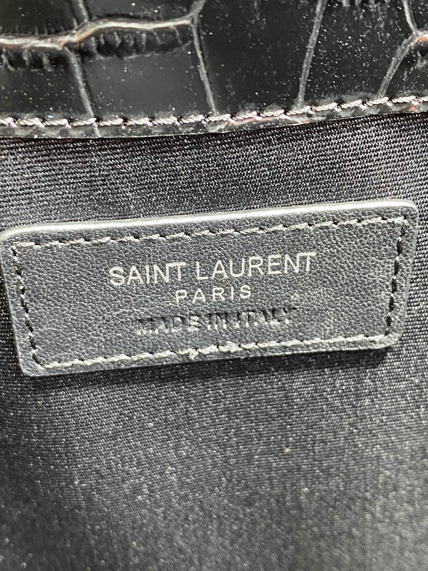 YSL 22s Uptown Pouch Clutch Bag Black Croc Embossed Leather Sliver HW