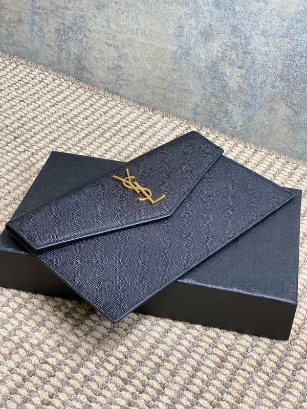 YSL 22s Uptown Pouch Clutch Bag Black Cowhide GHW