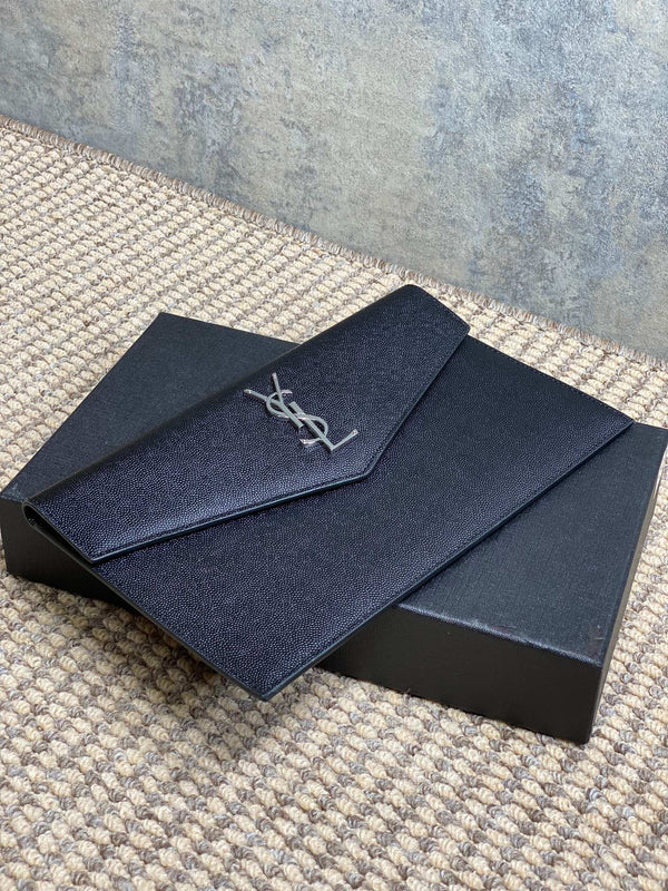 YSL 22s Uptown Pouch Clutch Bag Black Cowhide Sliver HW