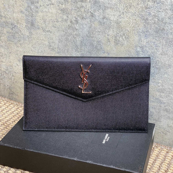 YSL 22s Uptown Pouch Clutch Bag Black Cowhide Sliver HW