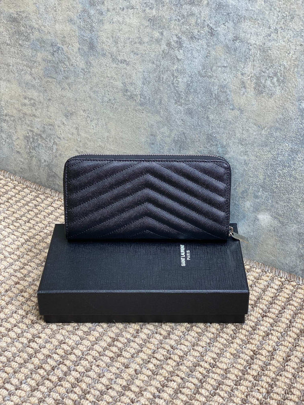YSL Zippy Long Wallet Black Caviar Cowhide Sliver HW