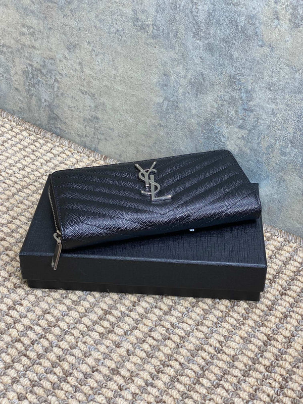 YSL Zippy Long Wallet Black Caviar Cowhide Sliver HW