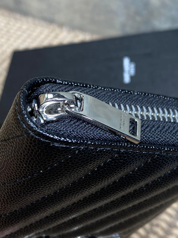 YSL Zippy Long Wallet Black Caviar Cowhide Sliver HW