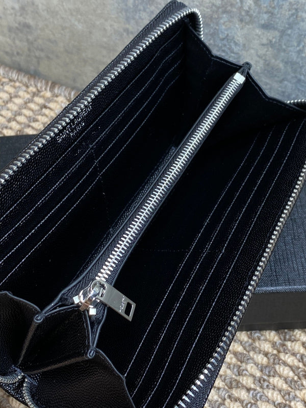 YSL Zippy Long Wallet Black Caviar Cowhide Sliver HW