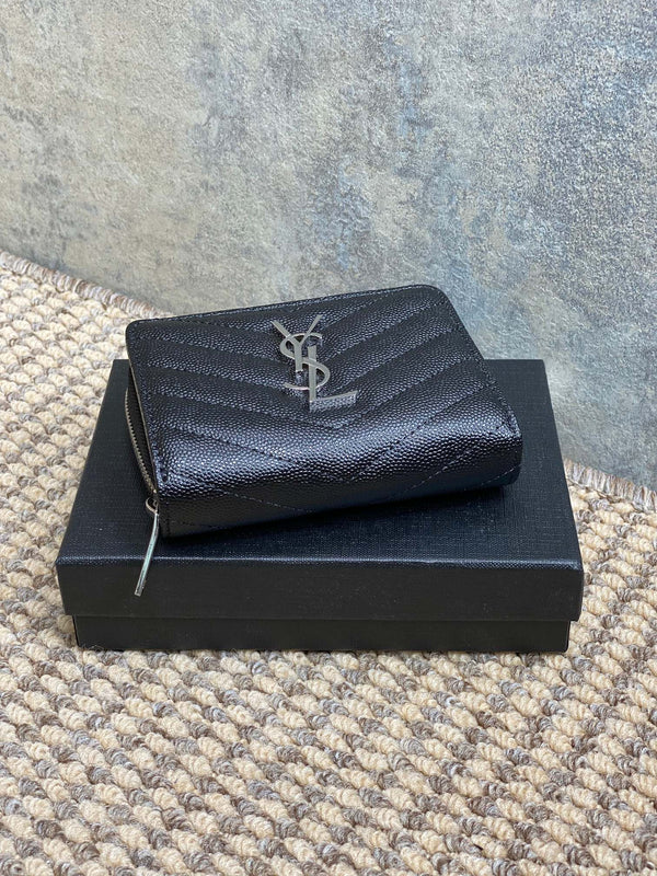 YSL Cassandre Matelassé Compact Zip-Around Wallet Black Caviar Cowhide Sliver HW