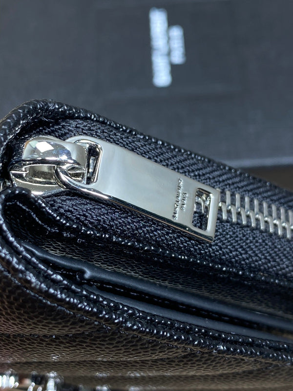 YSL Cassandre Matelassé Compact Zip-Around Wallet Black Caviar Cowhide Sliver HW