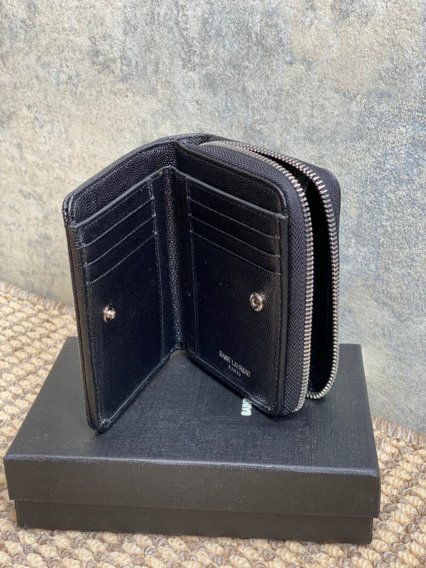 YSL Cassandre Matelassé Compact Zip-Around Wallet Black Caviar Cowhide Sliver HW