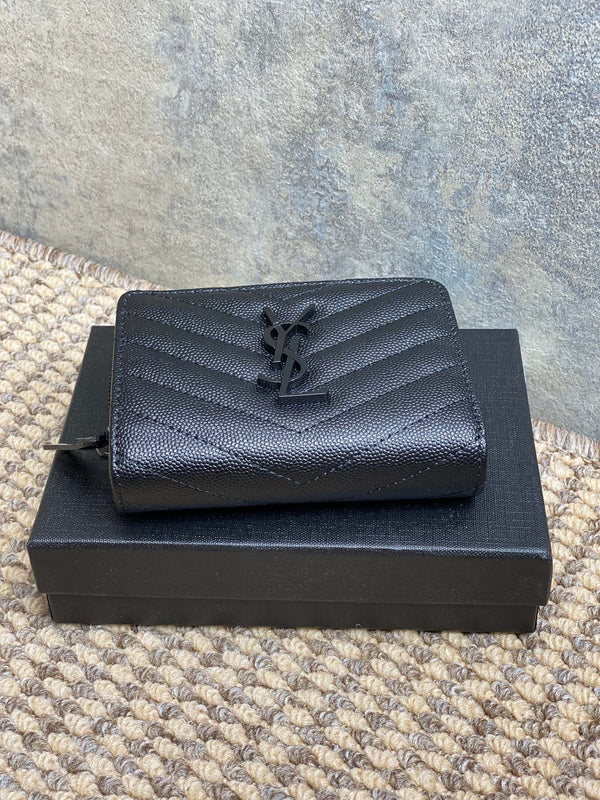 YSL Cassandre Matelassé Compact Zip-Around Wallet Full Black Caviar Cowhide