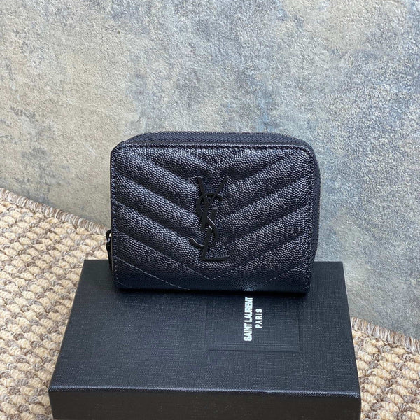 YSL Cassandre Matelassé Compact Zip-Around Wallet Full Black Caviar Cowhide