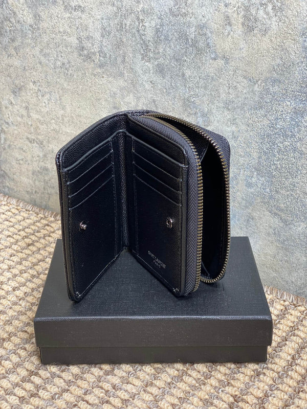 YSL Cassandre Matelassé Compact Zip-Around Wallet Full Black Caviar Cowhide