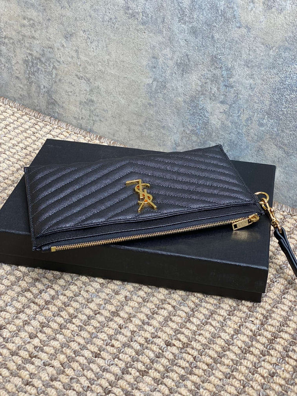 YSL Gold Hardware Logo Zipper Clutch 23cm Black Caviar Cowhide