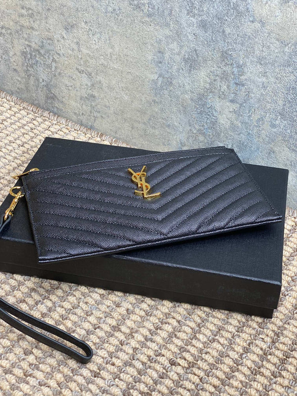 YSL Gold Hardware Logo Zipper Clutch 23cm Black Caviar Cowhide