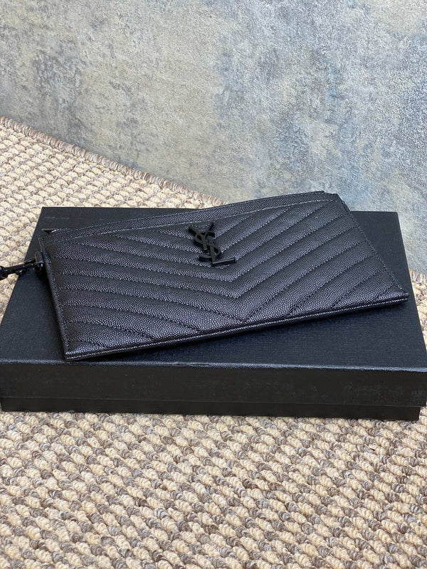 YSL Black Hardware Logo Zipper Clutch 23cm Black Caviar Cowhide