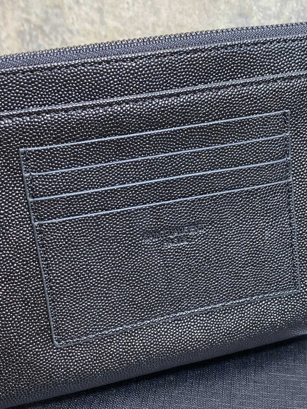 YSL Black Hardware Logo Zipper Clutch 23cm Black Caviar Cowhide