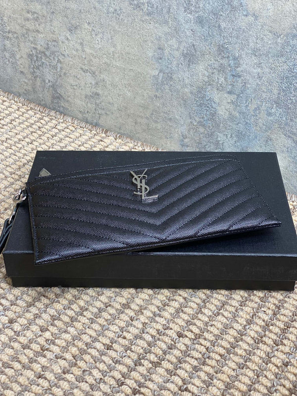 YSL Hardware Logo Zipper Clutch 23cm Black Caviar Cowhide