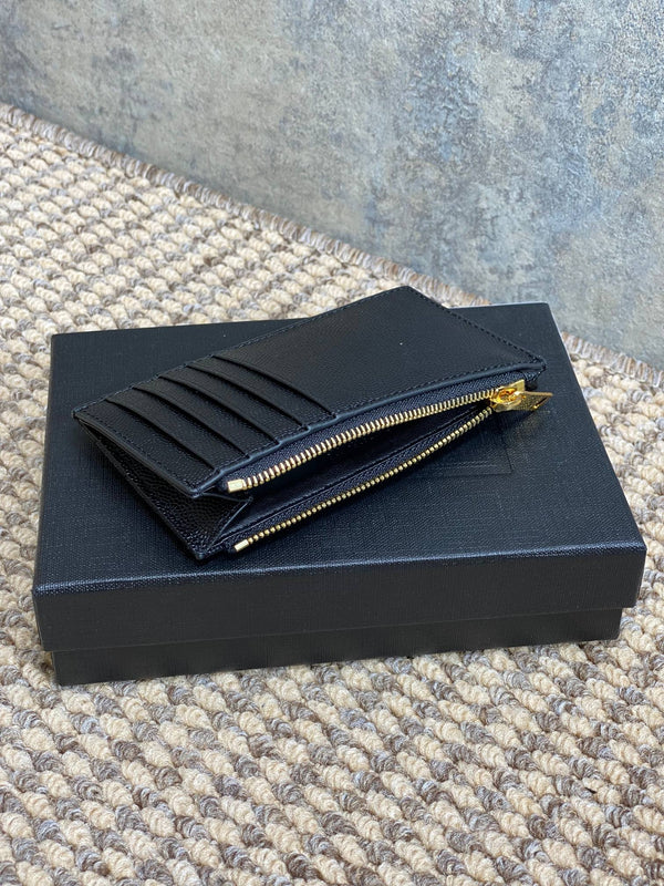 YSL Zip Coin Case With Card Black Caviar Cowhide GHW