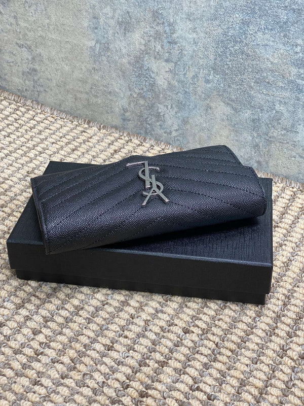 YSL Cassandre Envelope Flap Wallet Black Caviar Cowhide Sliver HW