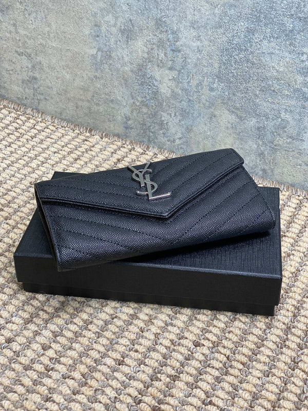 YSL Cassandre Envelope Flap Wallet Black Caviar Cowhide Sliver HW