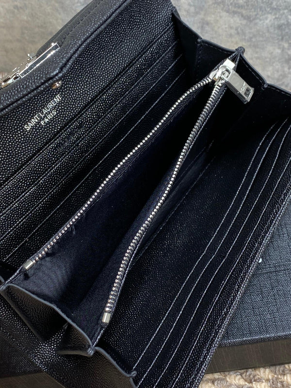 YSL Cassandre Envelope Flap Wallet Black Caviar Cowhide Sliver HW