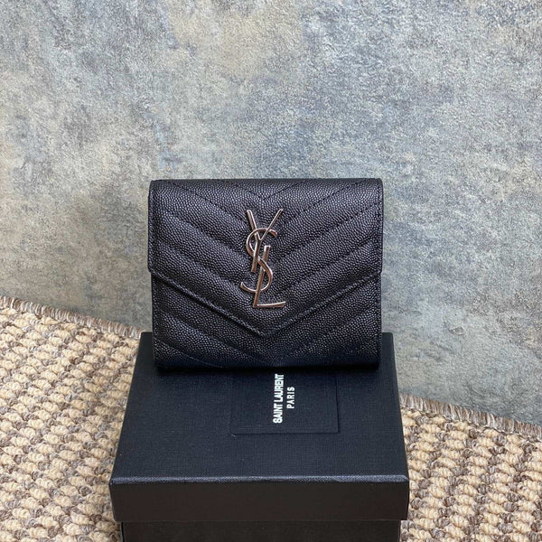 YSL Compact Flap Cassendre Wallet 10cm Black Leather Sliver HW