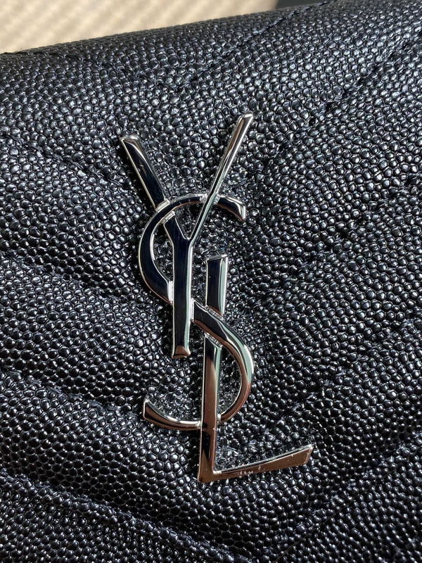 YSL Compact Flap Cassendre Wallet 10cm Black Leather Sliver HW