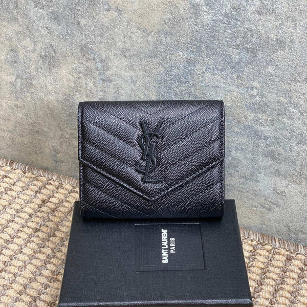 YSL Compact Flap Cassendre Wallet 10cm Full Black Leather