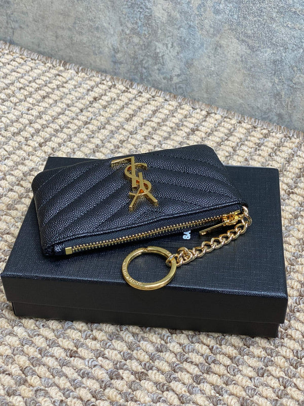 YSL Hook & Chain Zipper Coin Purse Caviar Cowhide GHW