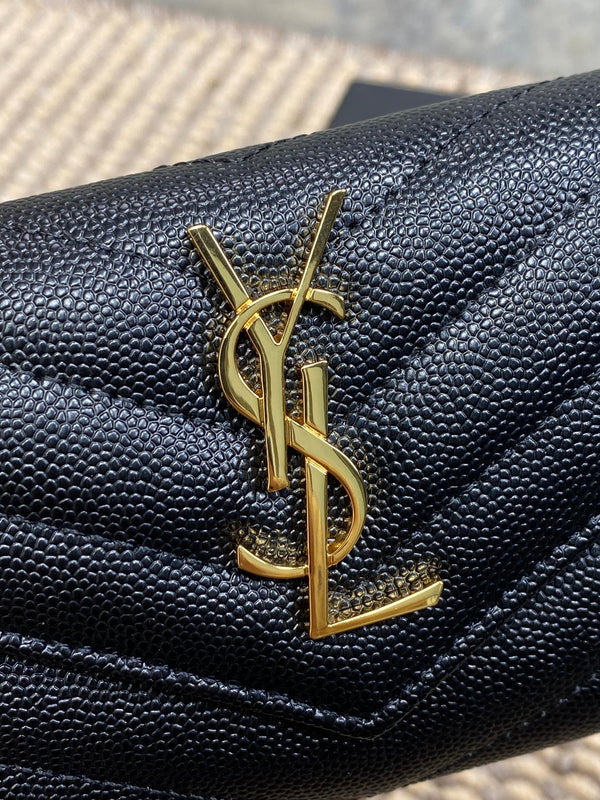 YSL GHW Logo Monogram Card Flap Wallet 13.5cm Black Caviar Cowhide