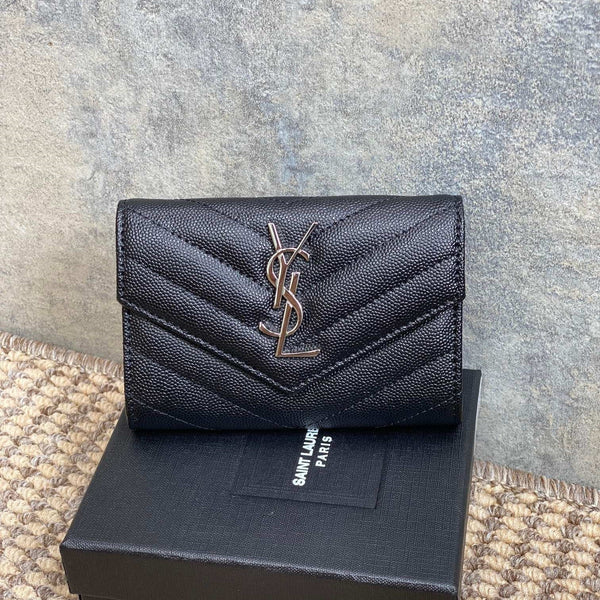 YSL Sliver Logo Monogram Card Flap Wallet 13.5cm Black Caviar Cowhide
