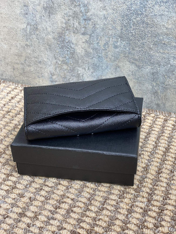 YSL Sliver Logo Monogram Card Flap Wallet 13.5cm Black Caviar Cowhide